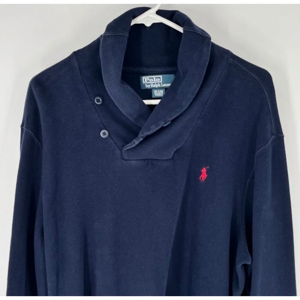POLO RALPH LAUREN Shawl Collar‎ Sweater Mens XL Navy Blue Ribbed Cotton Pullover